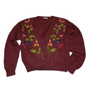 Vintage Embroidered Burgundy Cardigan